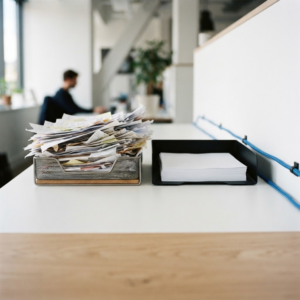 Document trays showing contrast in organizational systems