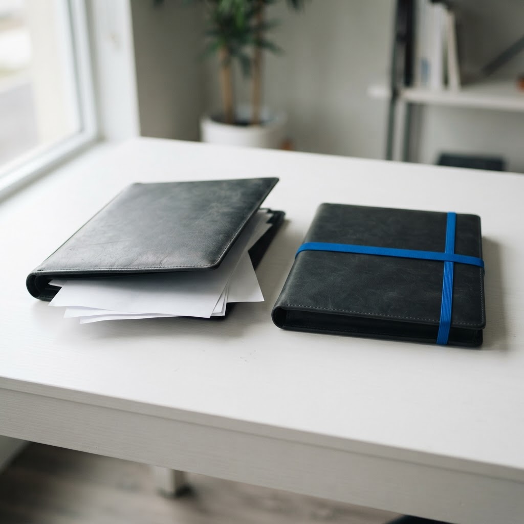 Two portfolios on a desk representing service quality