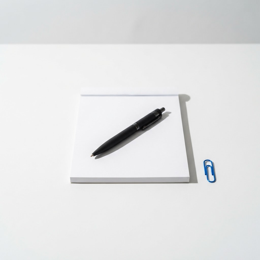 A solitary pen and paperclip on a desk representing the solo consultant approach