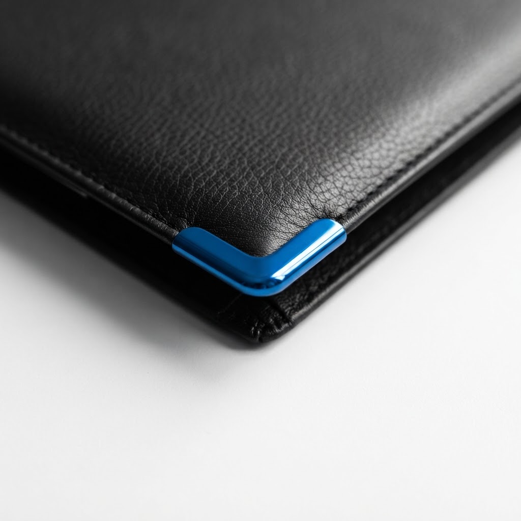 Close up of leather portfolio corner with blue metal accent