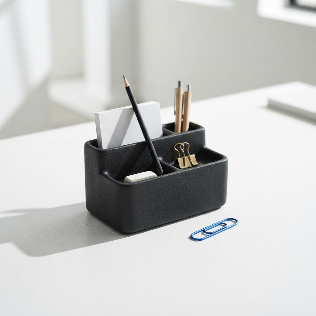 Minimalist desk organizer and blue paperclip on white surface