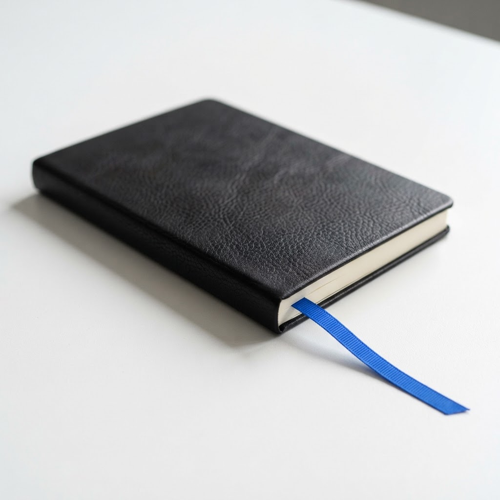 Minimalist leather notebook on a white conference table