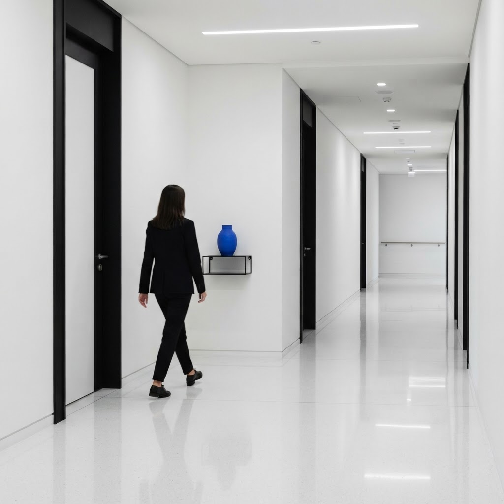 Professional walking through a modern, minimalist office environment