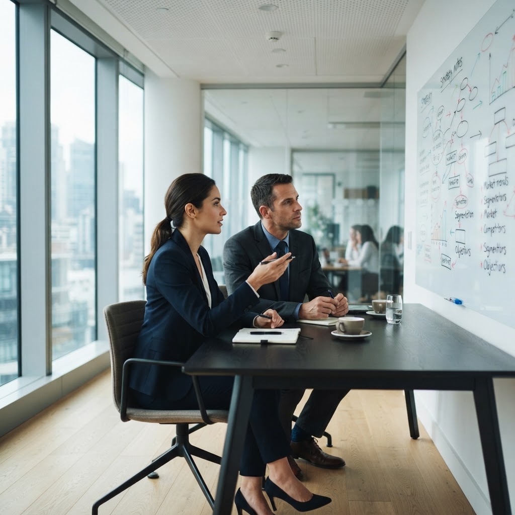 Two professionals discussing strategy in a clean office environment