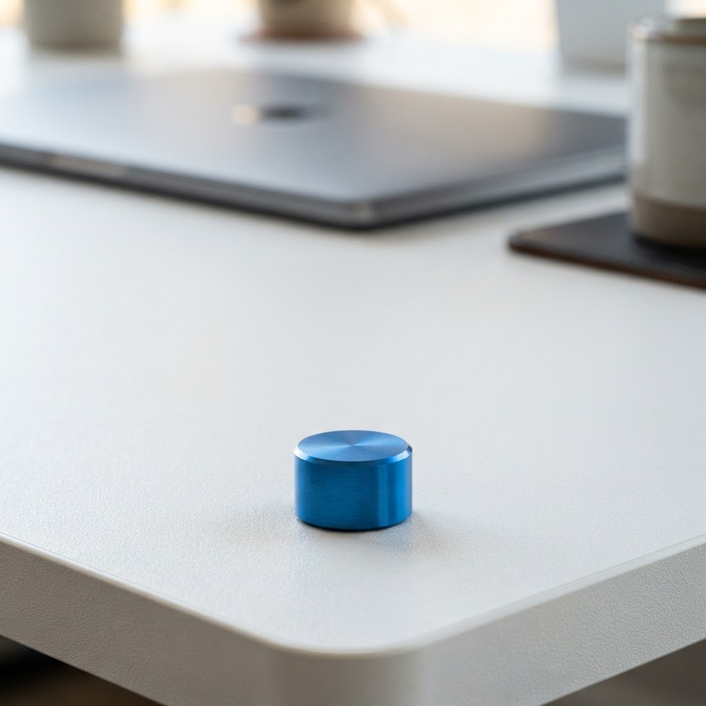 Minimalist close up of a metallic electric blue accent piece