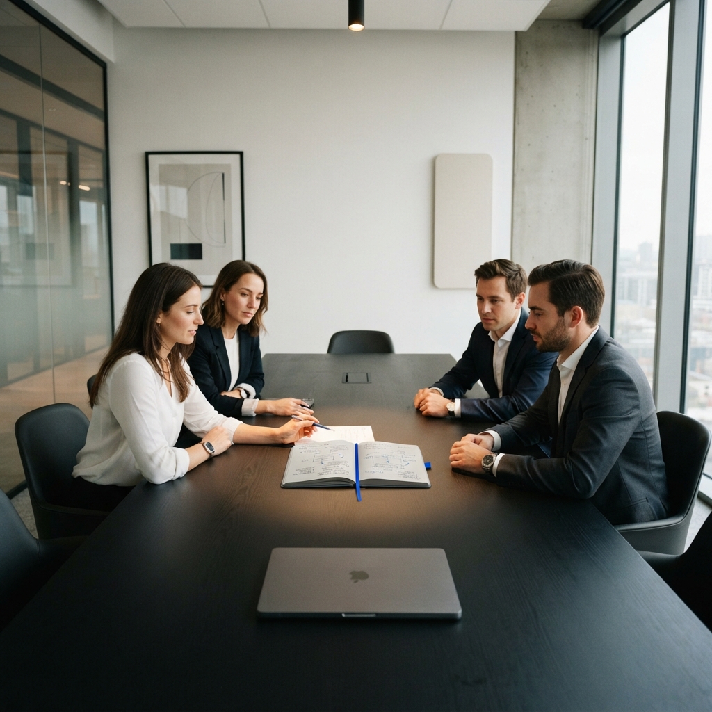 Minimalist conference room table with open notebook