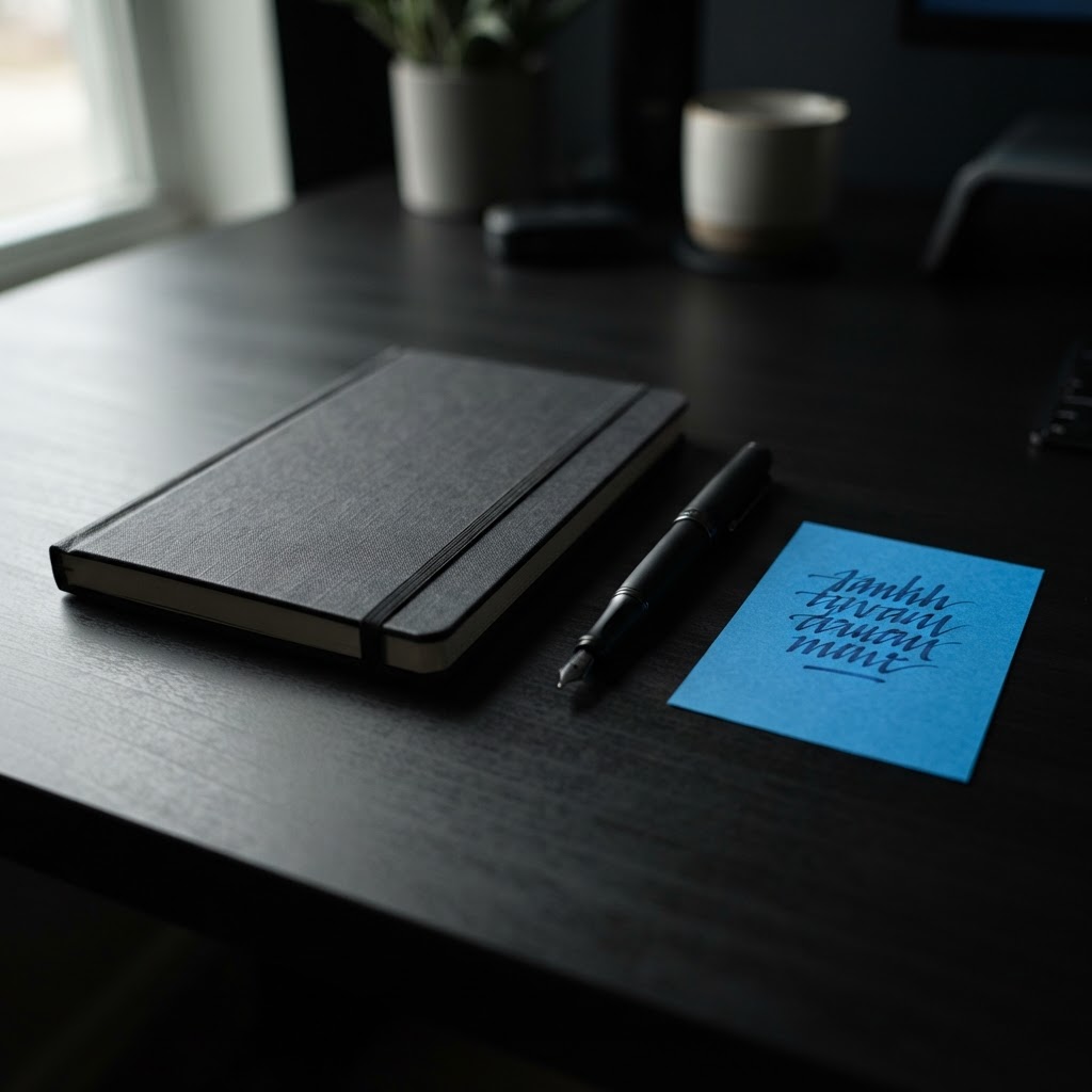 Minimalist workspace with a pen and blue note card