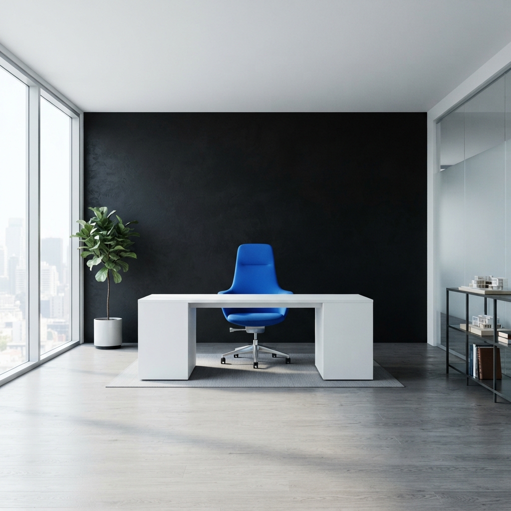 Modern professional office interior with a blue feature chair