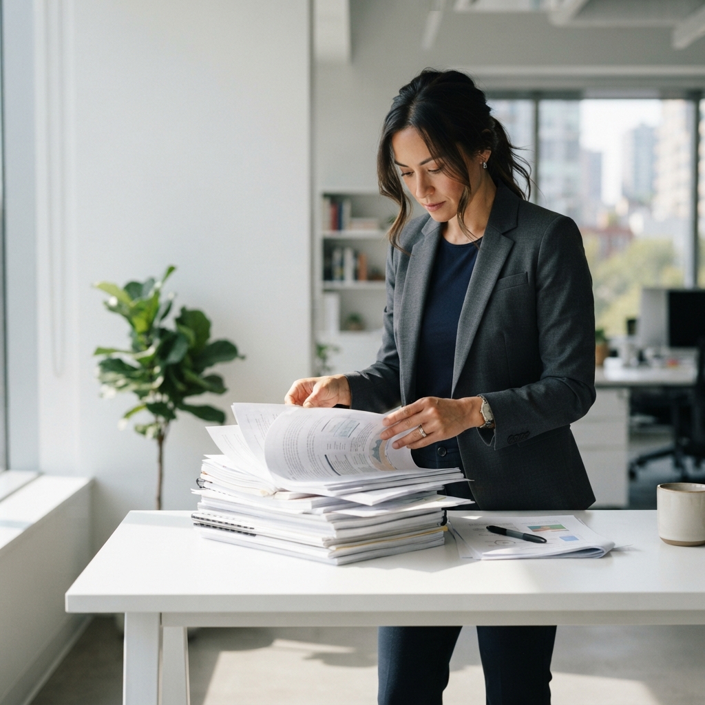B2B strategist reviewing content documents in a clean office