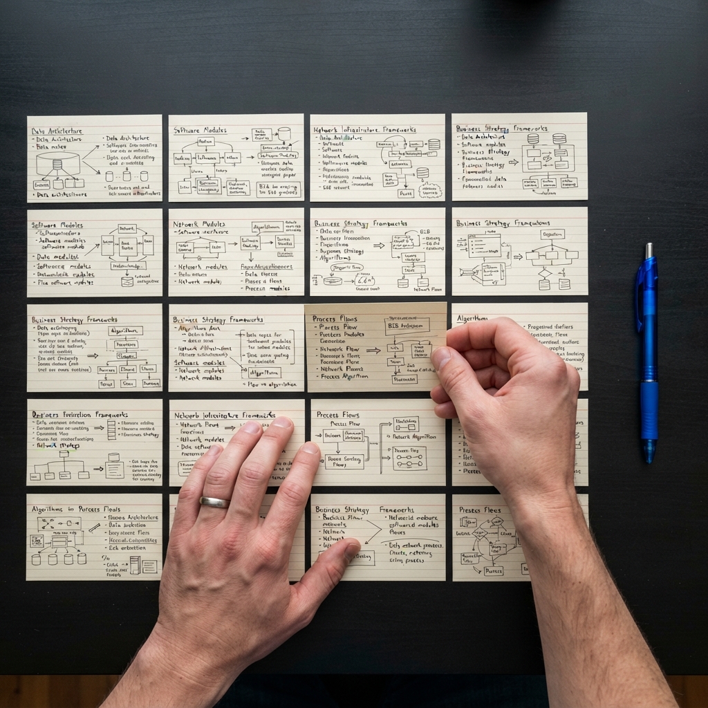 Hands organizing structured index cards on a dark desk