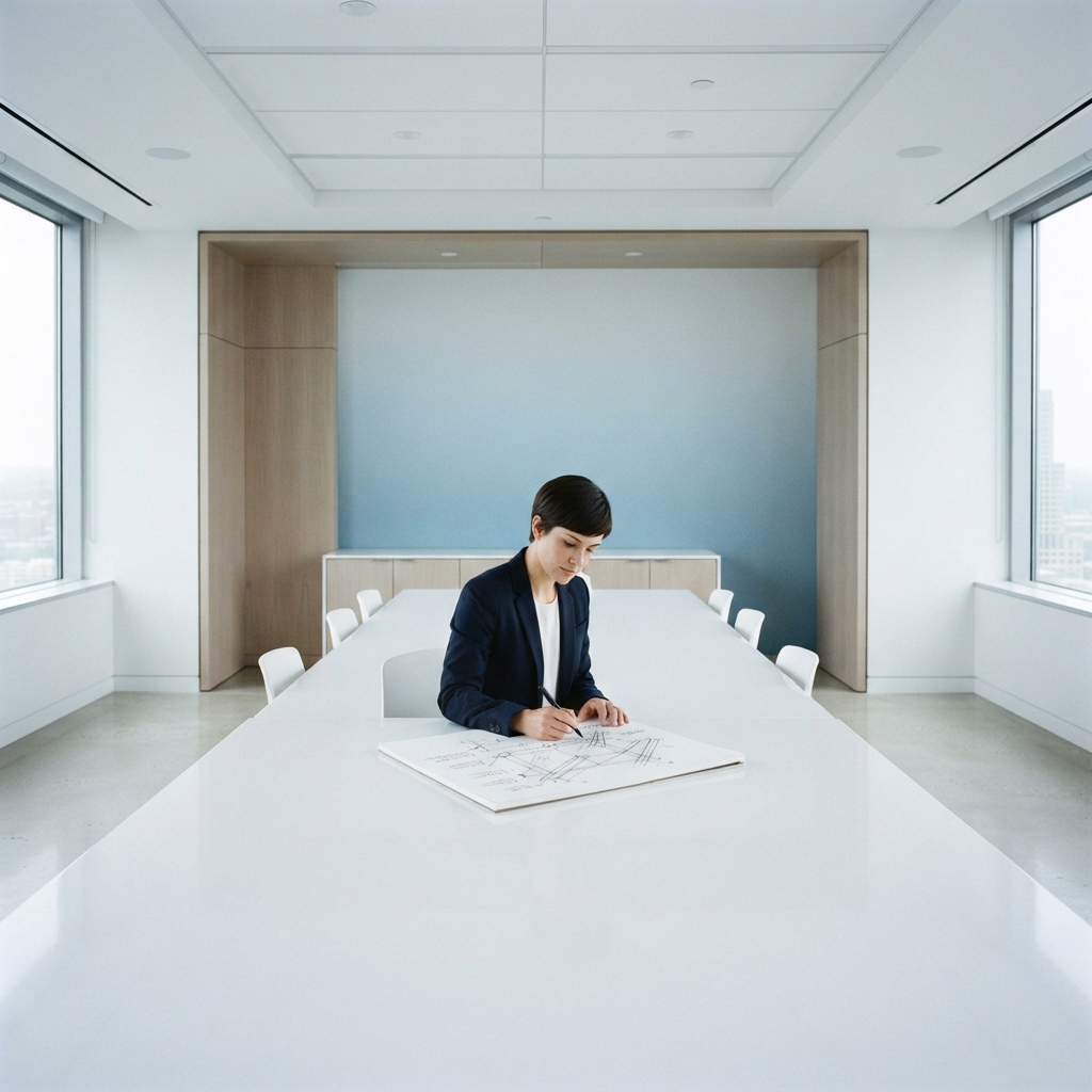Strategist sketching structural diagrams in a modern meeting room