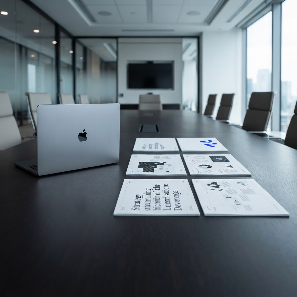 Professional strategy materials organized on a meeting table
