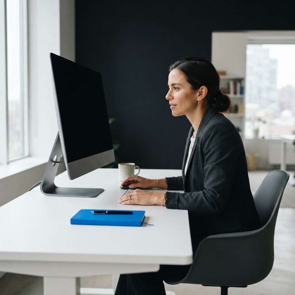 Professional strategist reviewing marketing performance at a clean workspace