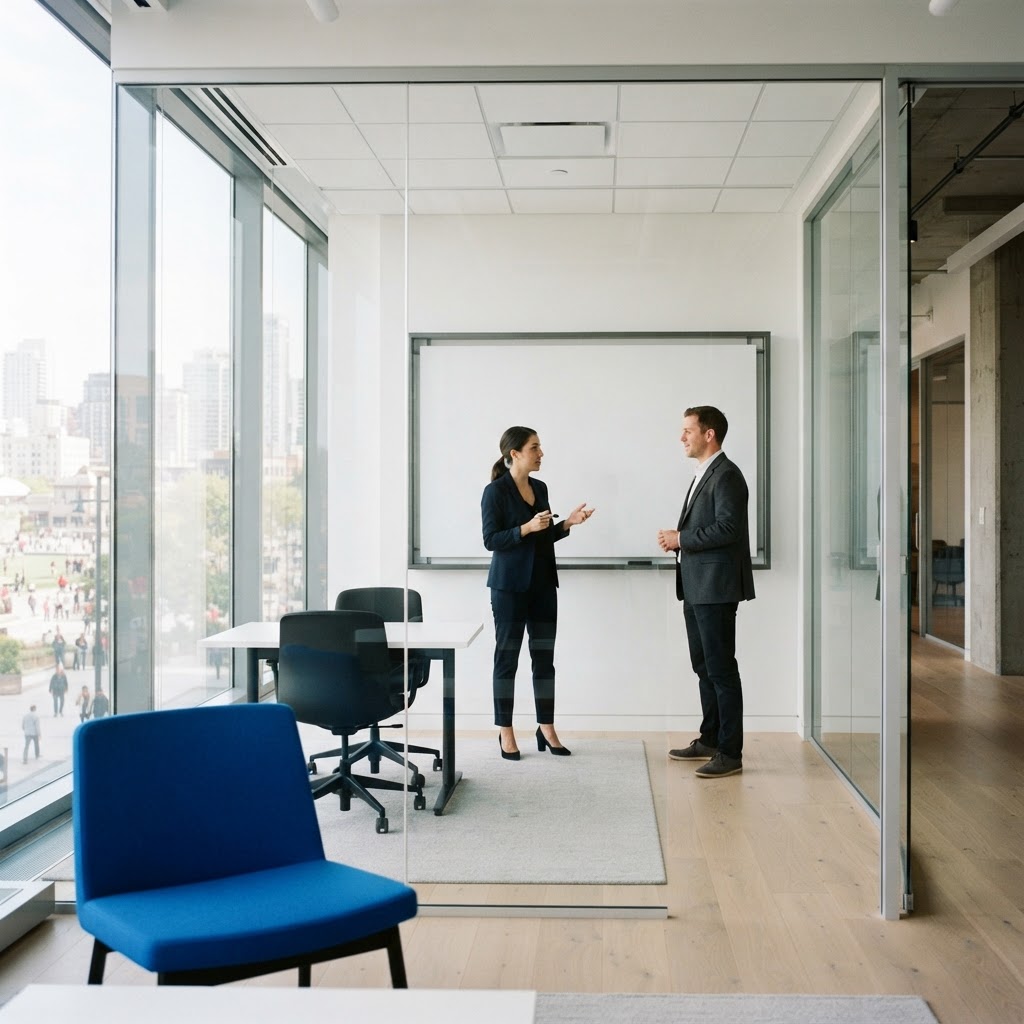 Two professionals collaborating in a clean modern office space