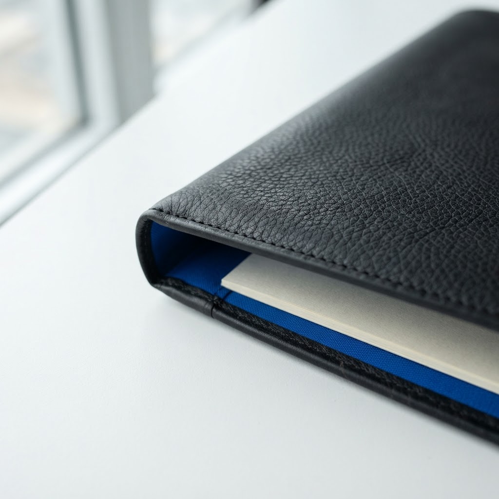 Matte black leather folder with electric blue interior lining
