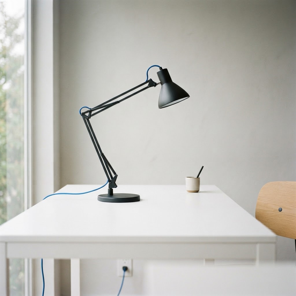 Minimalist desk lamp with an electric blue power cord