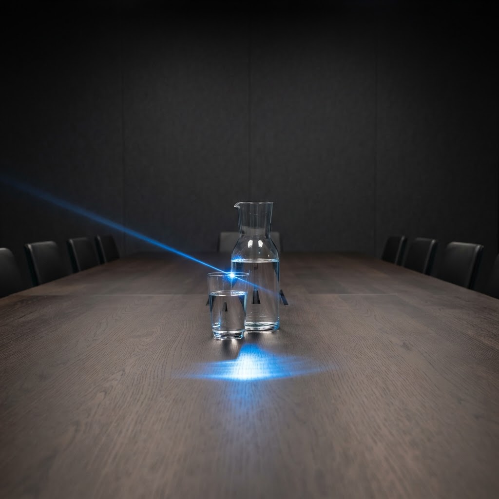 Minimalist boardroom table with water carafe