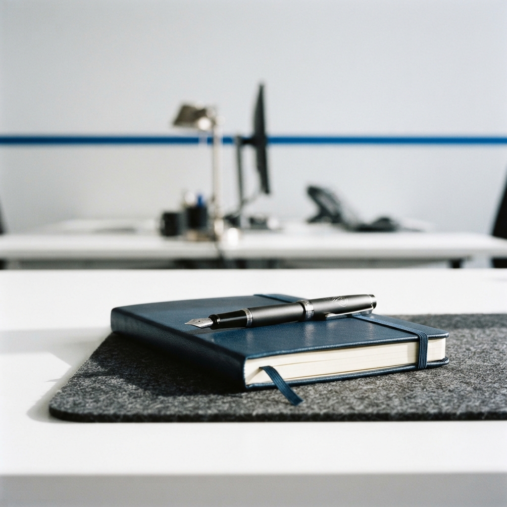 Professional desk with notebook and fountain pen