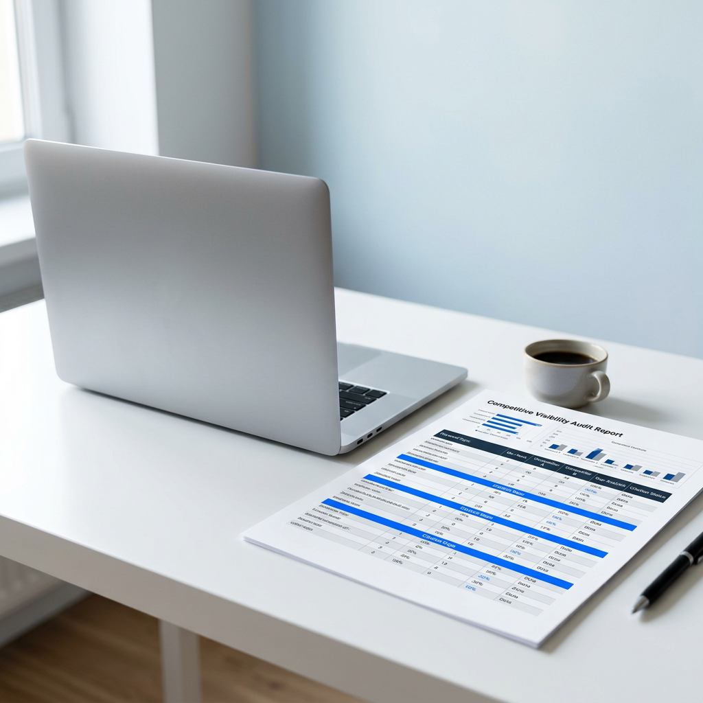 Competitive visibility audit report beside laptop on clean desk