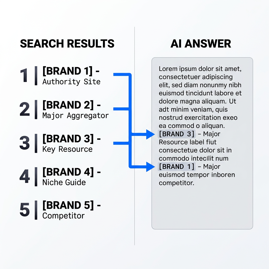 Split view comparing Google rankings versus AI answer citations