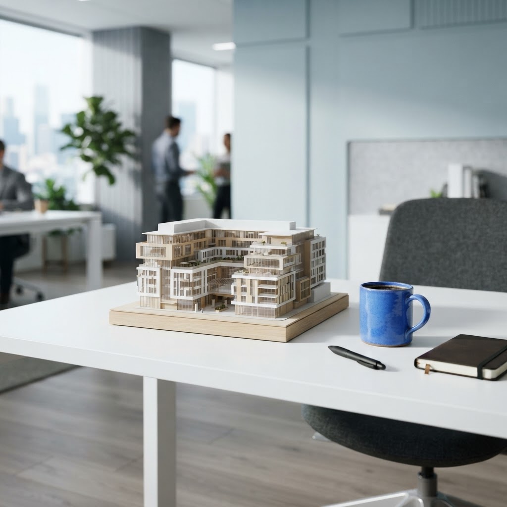 Minimalist office setup with an architectural desk model
