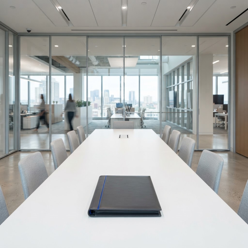 Modern minimalist meeting space with a leather portfolio