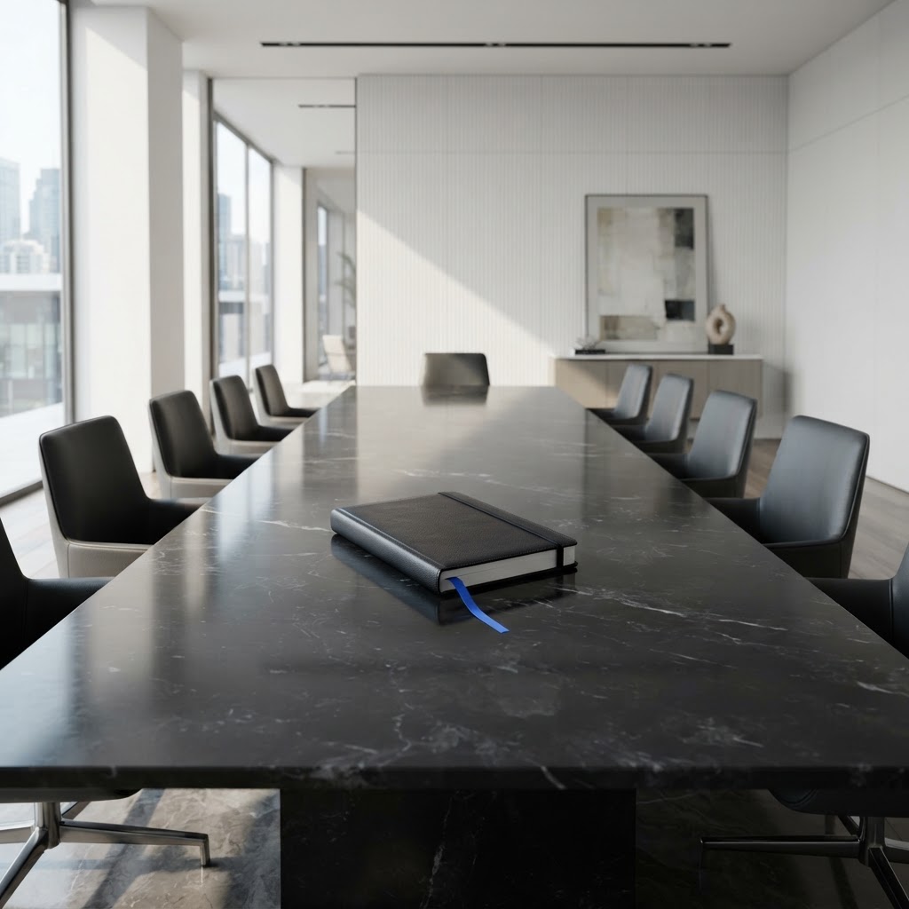 Minimalist boardroom with a leather journal and blue accent