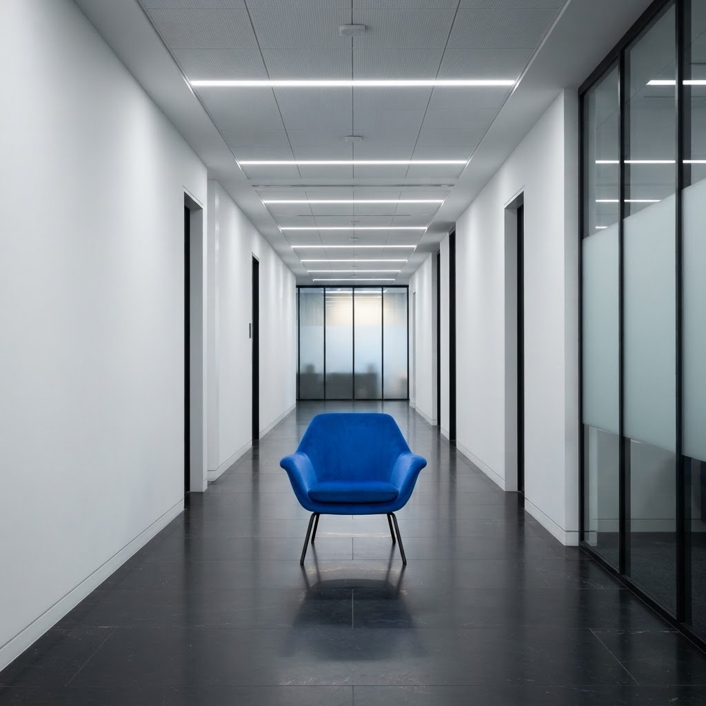 Modern office hallway with a single blue accent chair