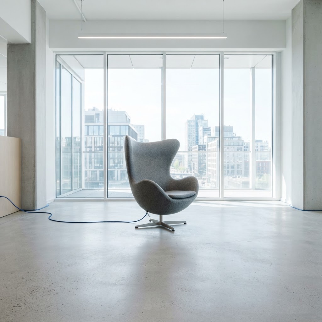 Modern architectural interior with a single designer chair