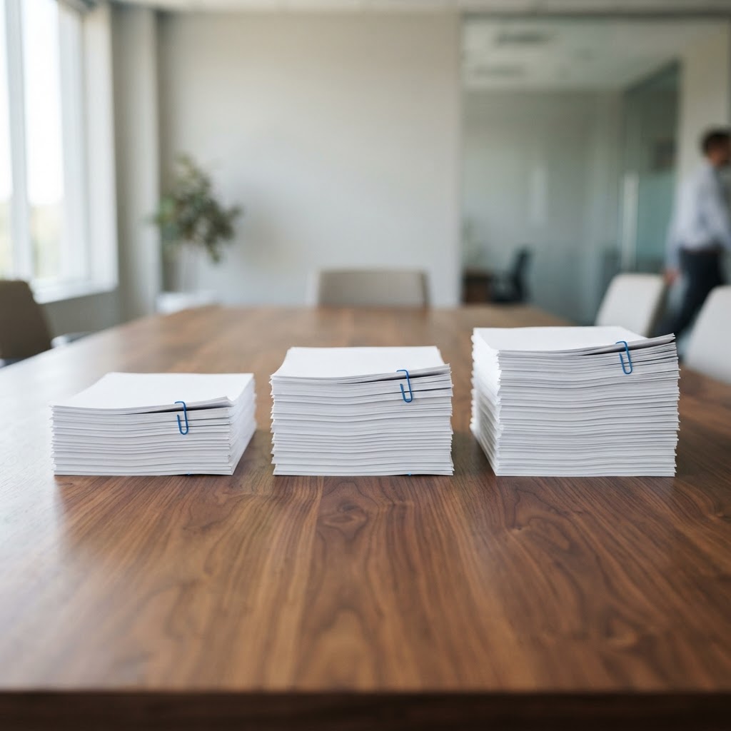 Three organized stacks of documents representing tiered service plans