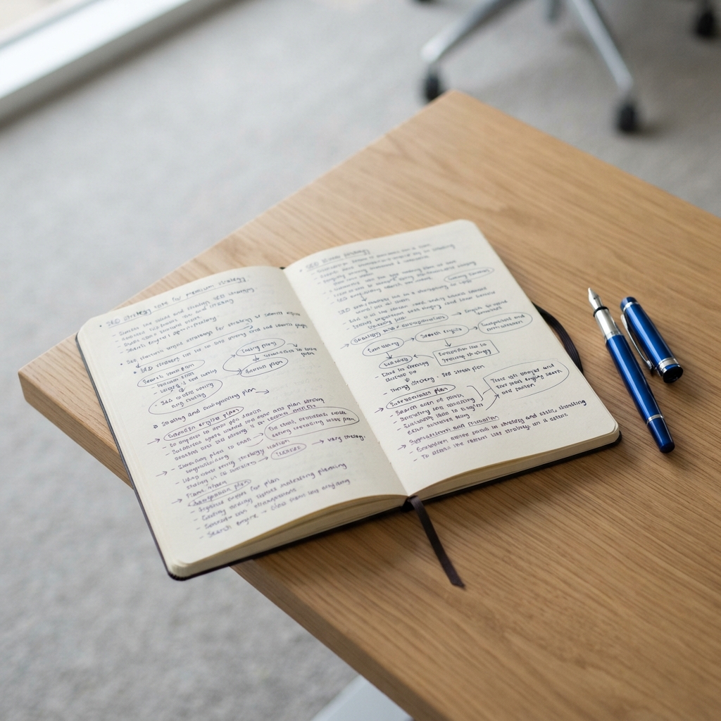 Focused workspace with professional notes and a sleek pen