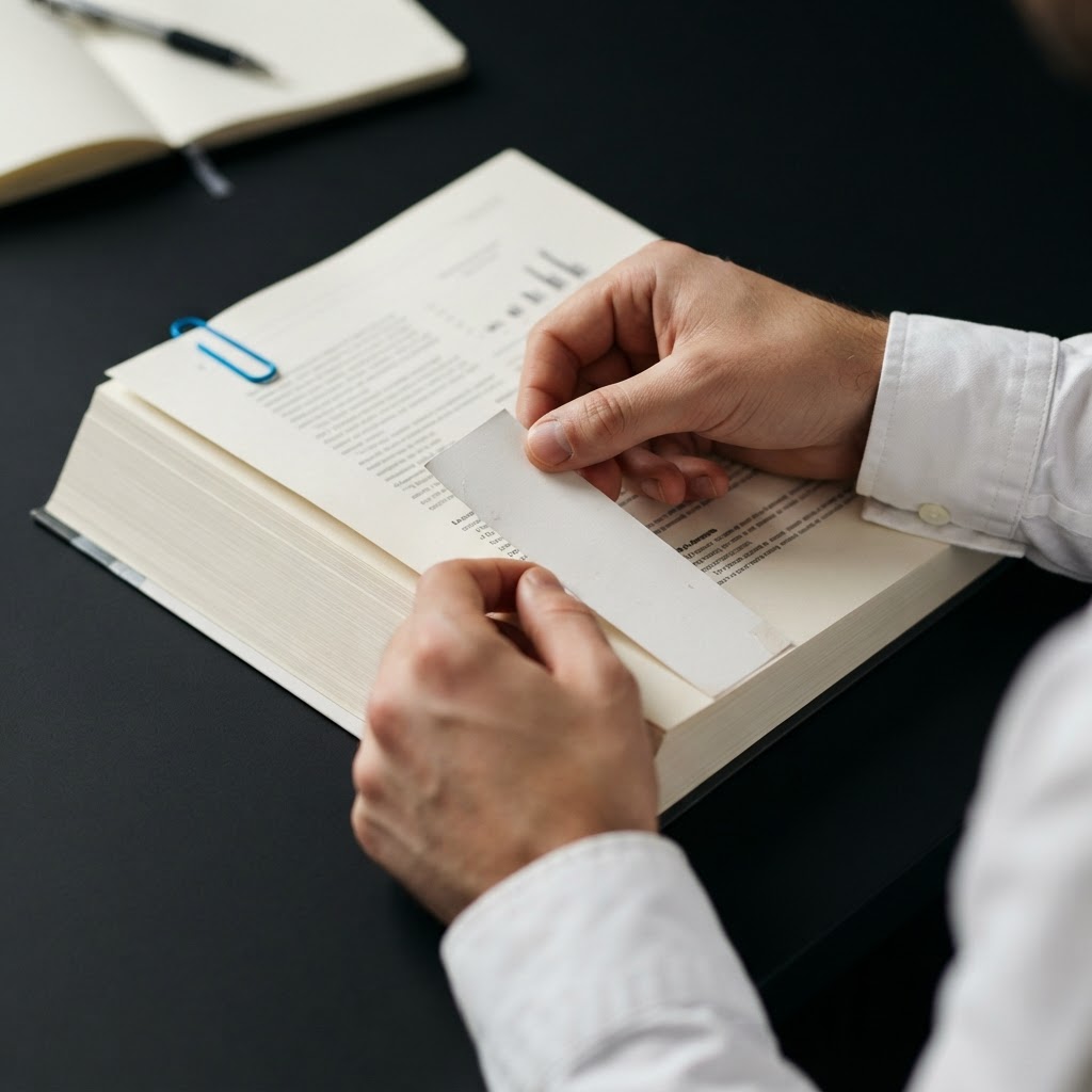 Hands organizing professional documents with blue paperclip