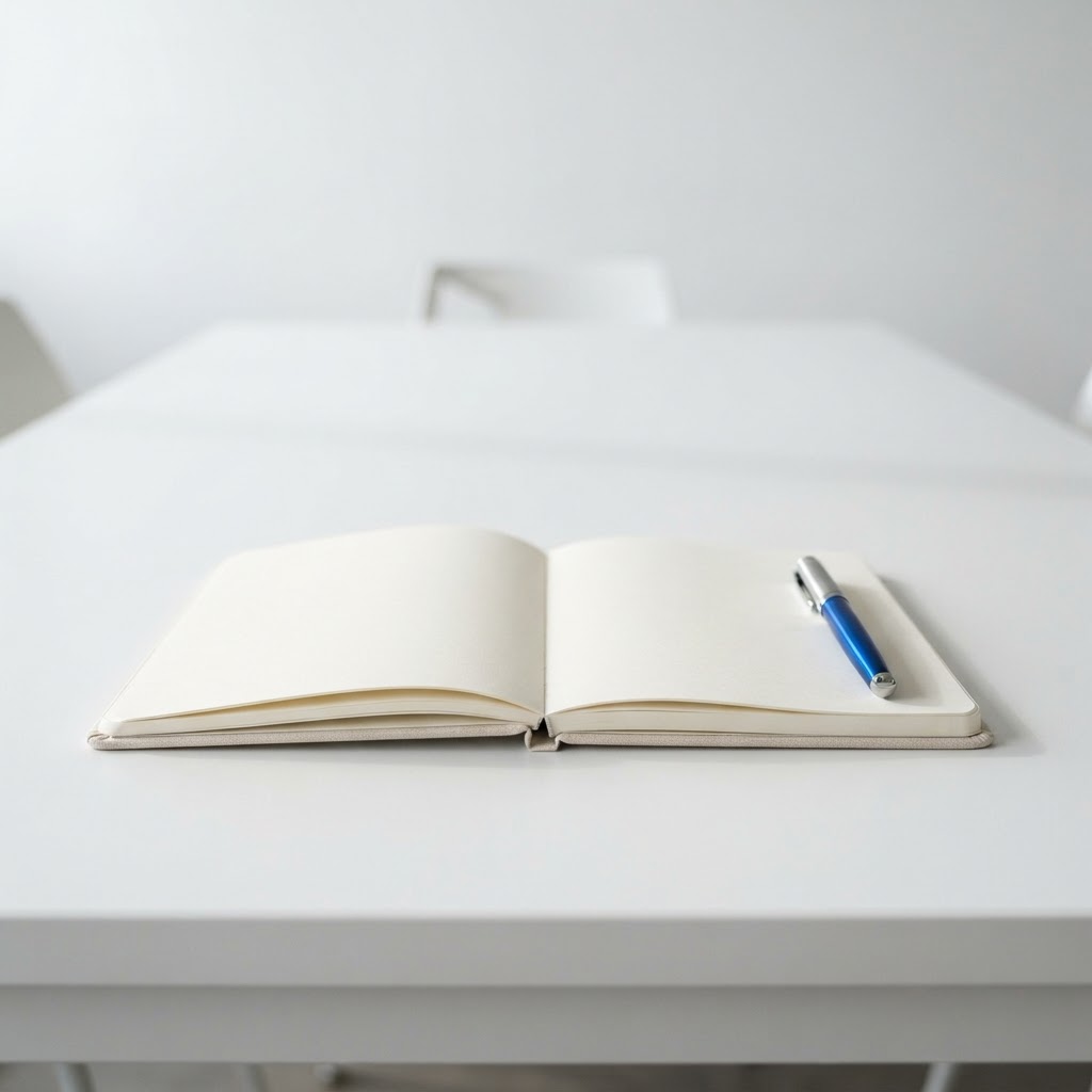 Minimalist notebook and electric blue fountain pen on white desk