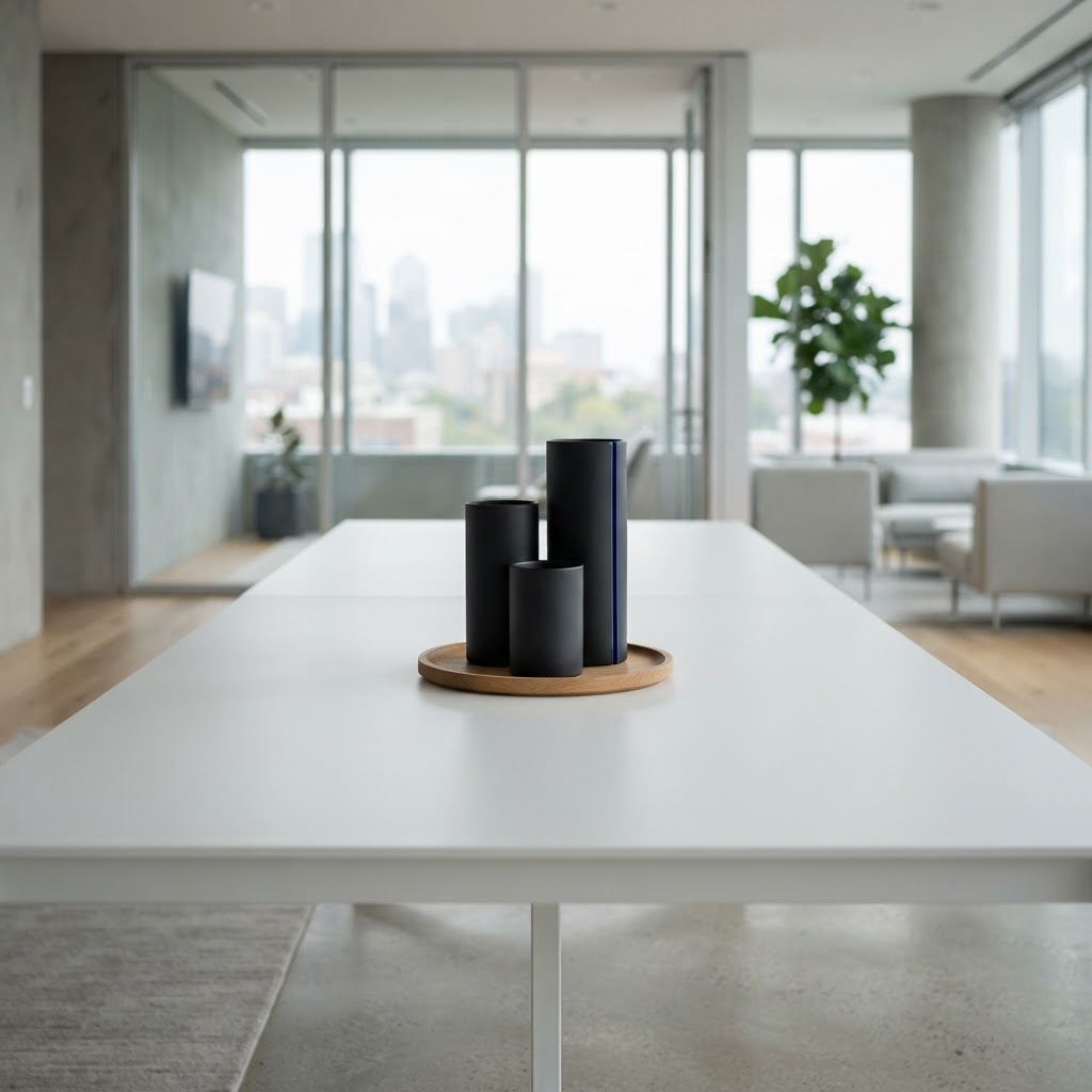 Three matte black cylinders on a white strategy table