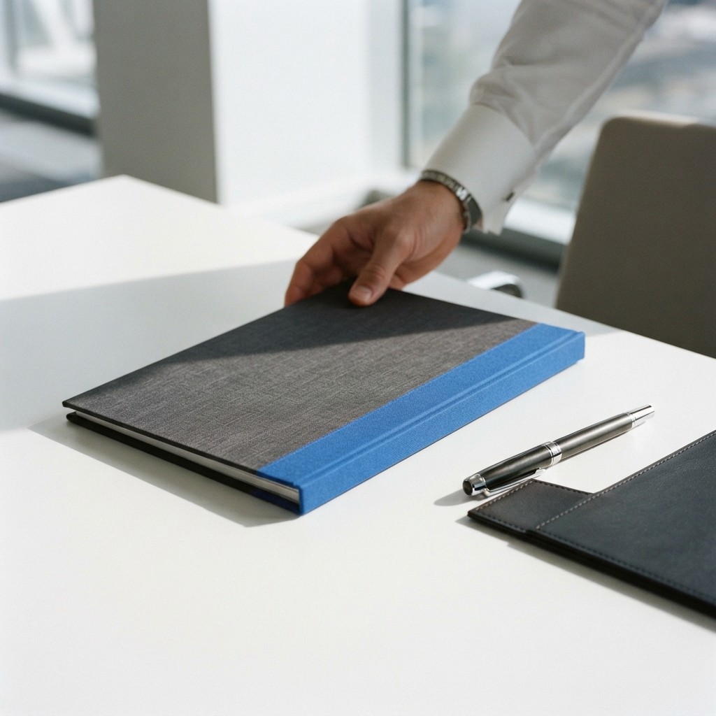 Hands placing a professional business folder on a desk