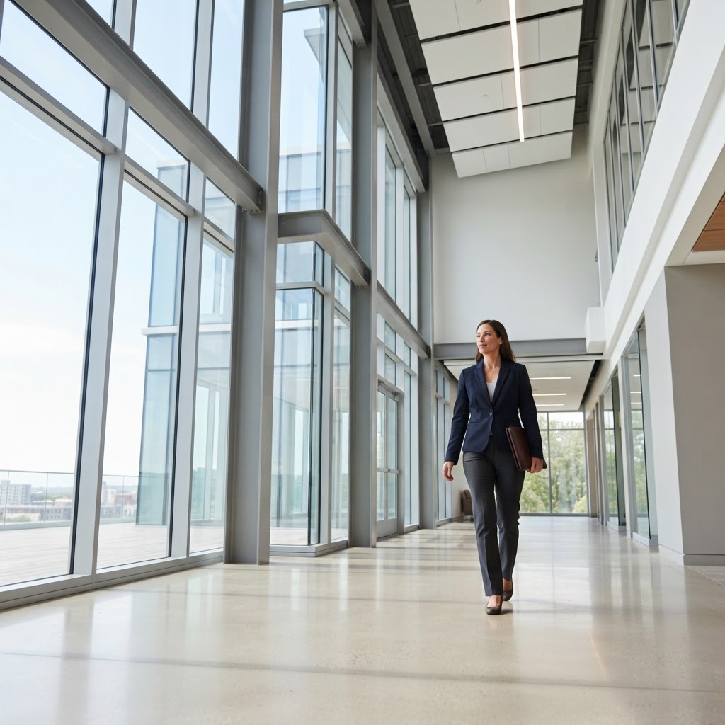 Professional walking through a minimalist modern office corridor