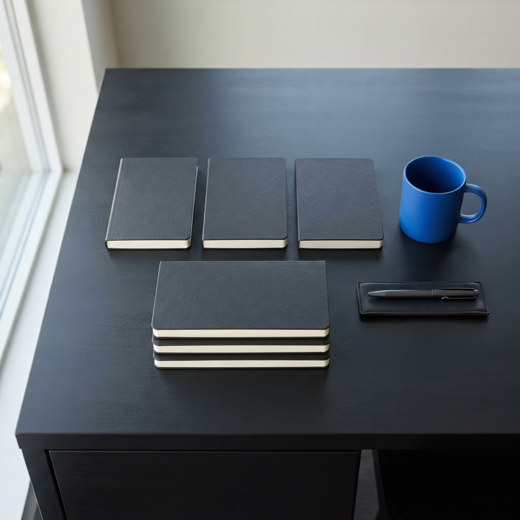 Minimalist desk arrangement with notebook and blue mug