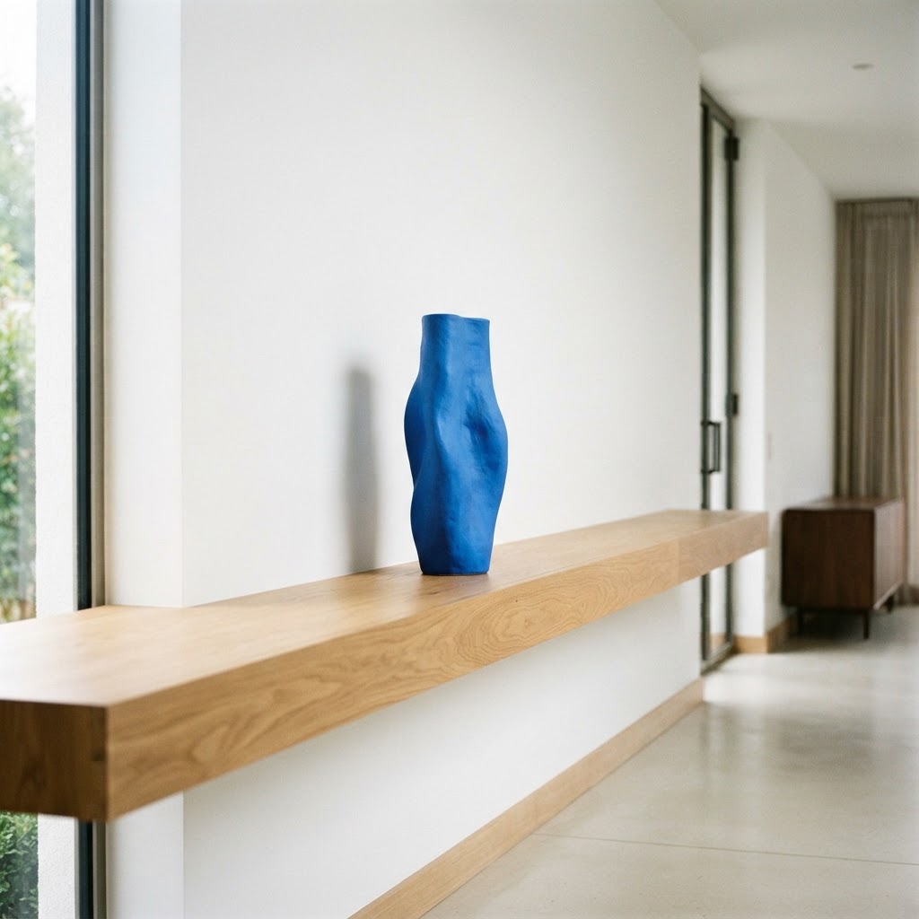 Modern minimalist shelf with architectural electric blue vase