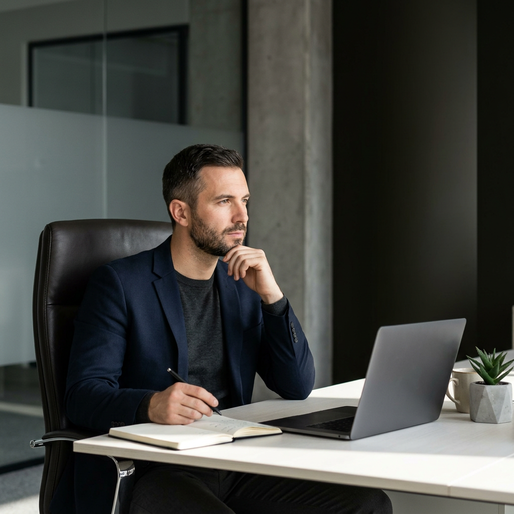 Professional contemplating AI optimization strategy