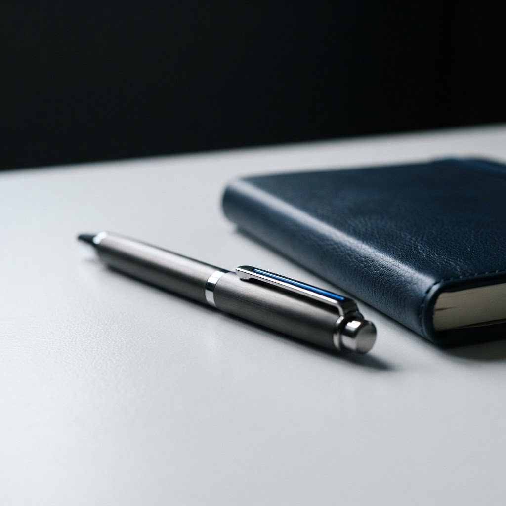 A high-quality pen and notebook on a clean desk
