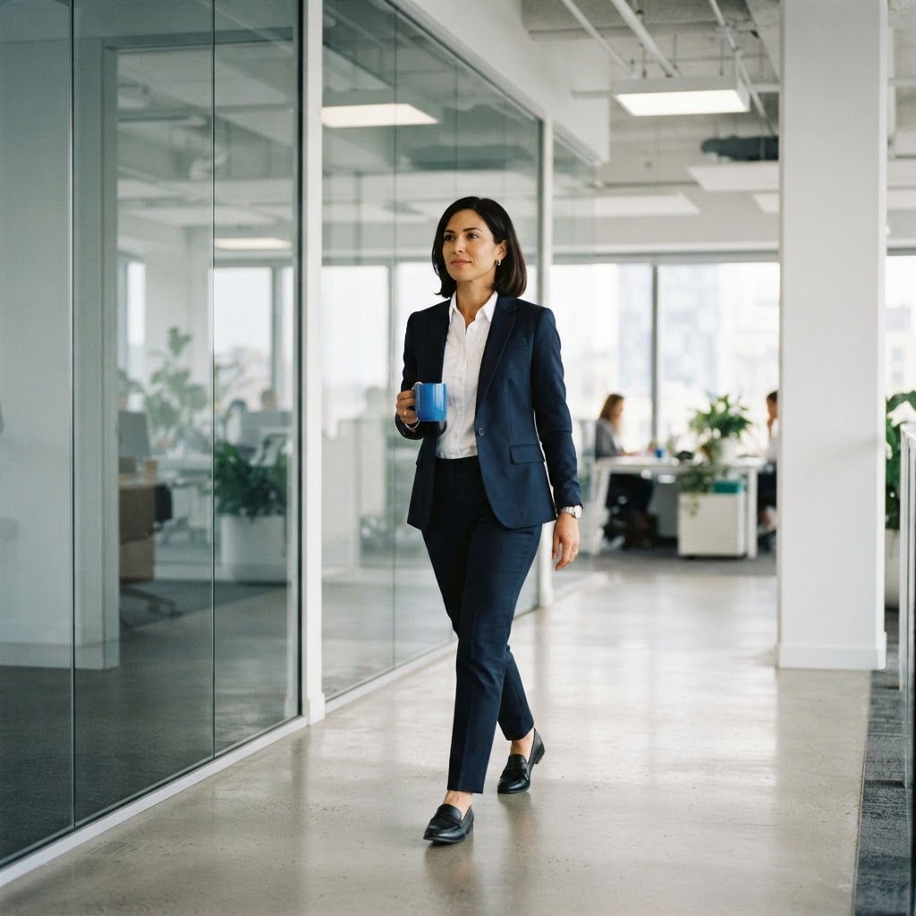 A professional walking purposefully through a clean modern office