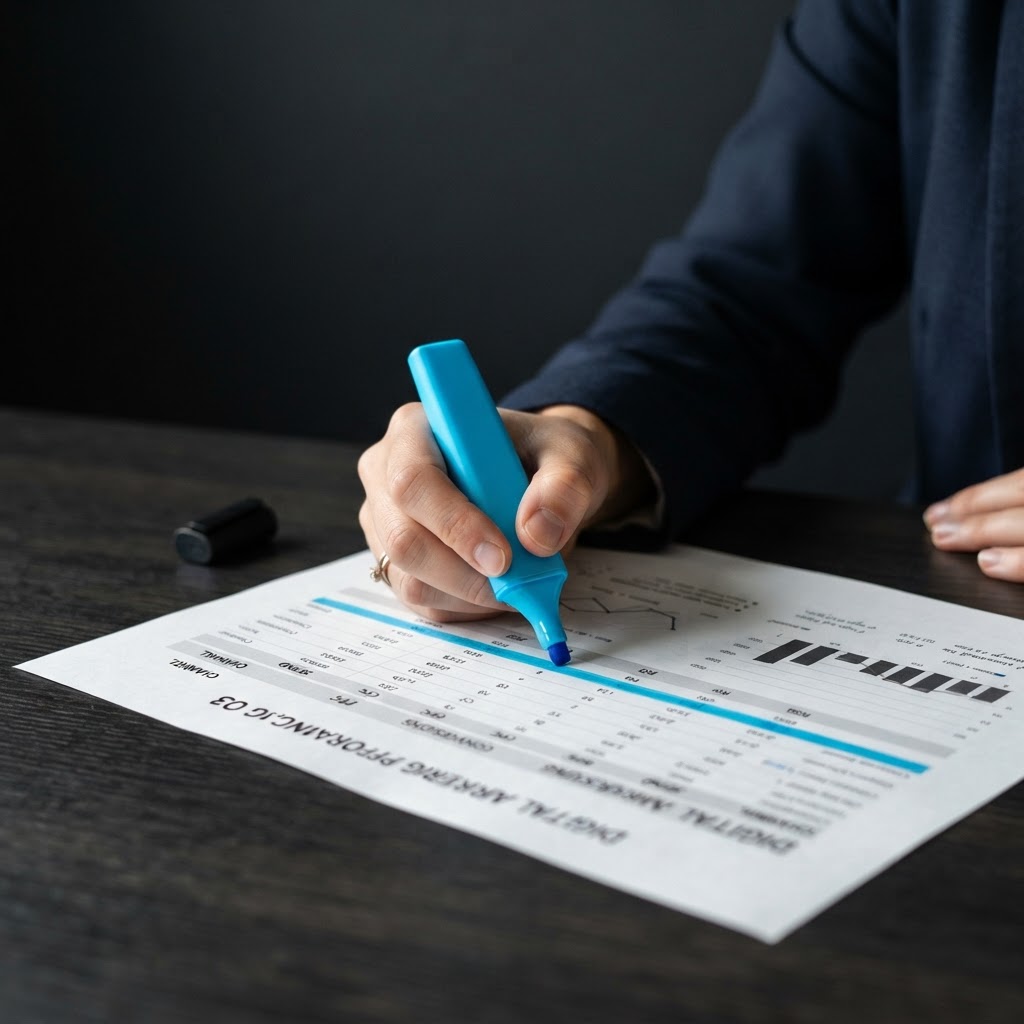 Professional hand highlighting a strategic document