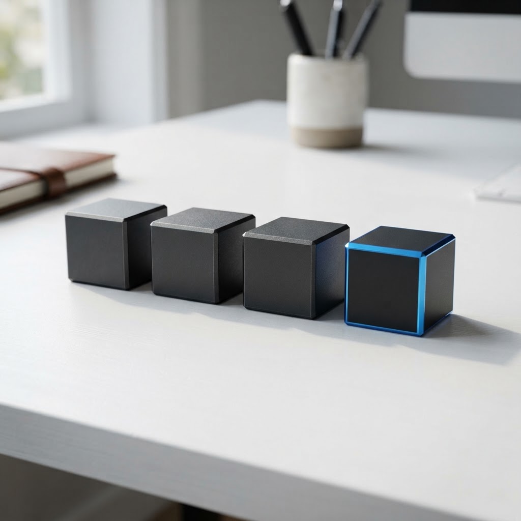 Four metallic cubes arranged on a clean white desk