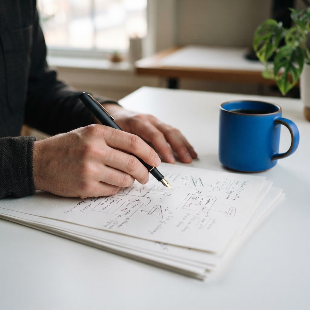 Hand holding a pen over professional documents