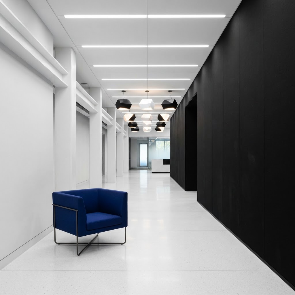Minimalist office interior with a single blue accent chair
