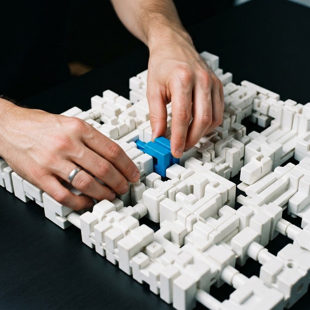 Hands adjusting physical blocks representing data misattribution