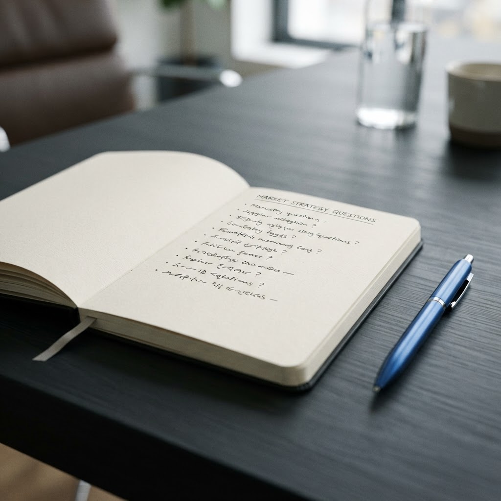Handwritten list of buyer research questions on a desk