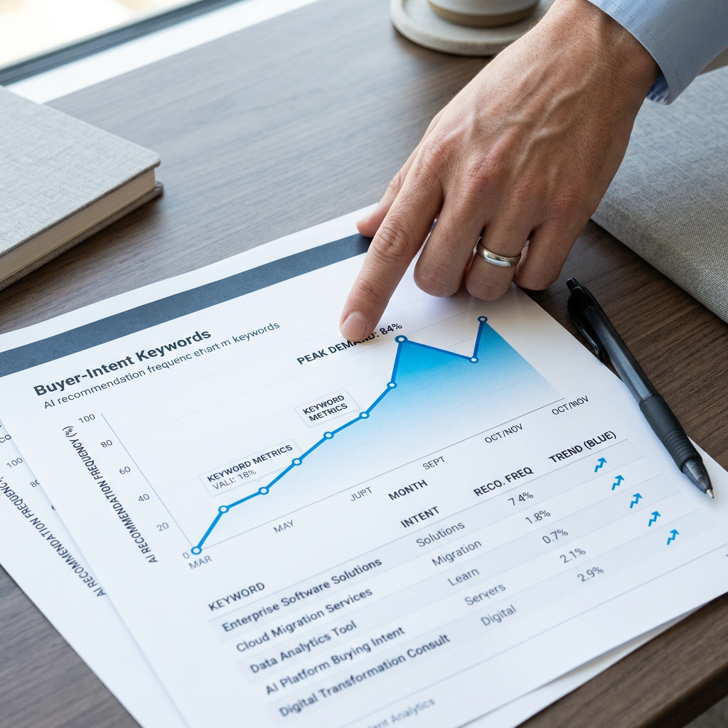 Marketer analyzing AI buyer-question data trends