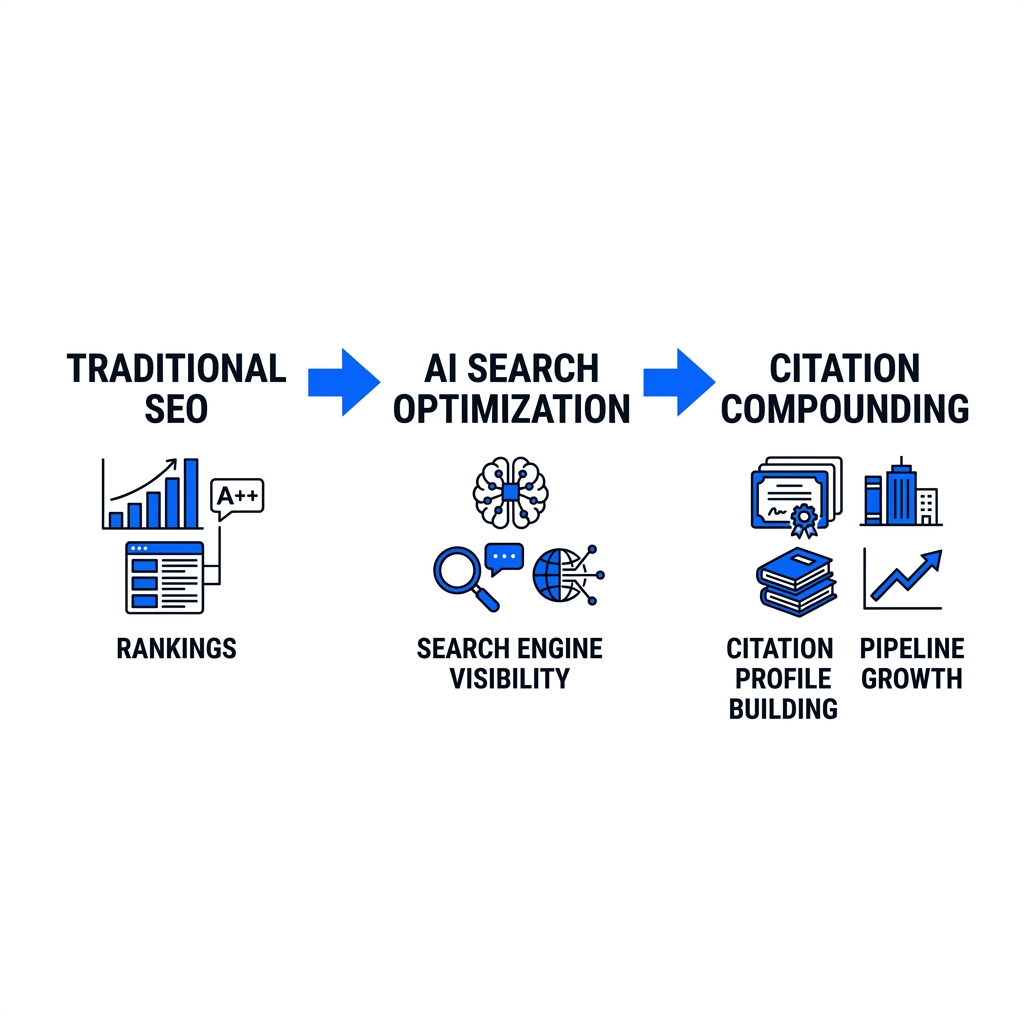Three-stage progression from SEO to AI citations to compound growth