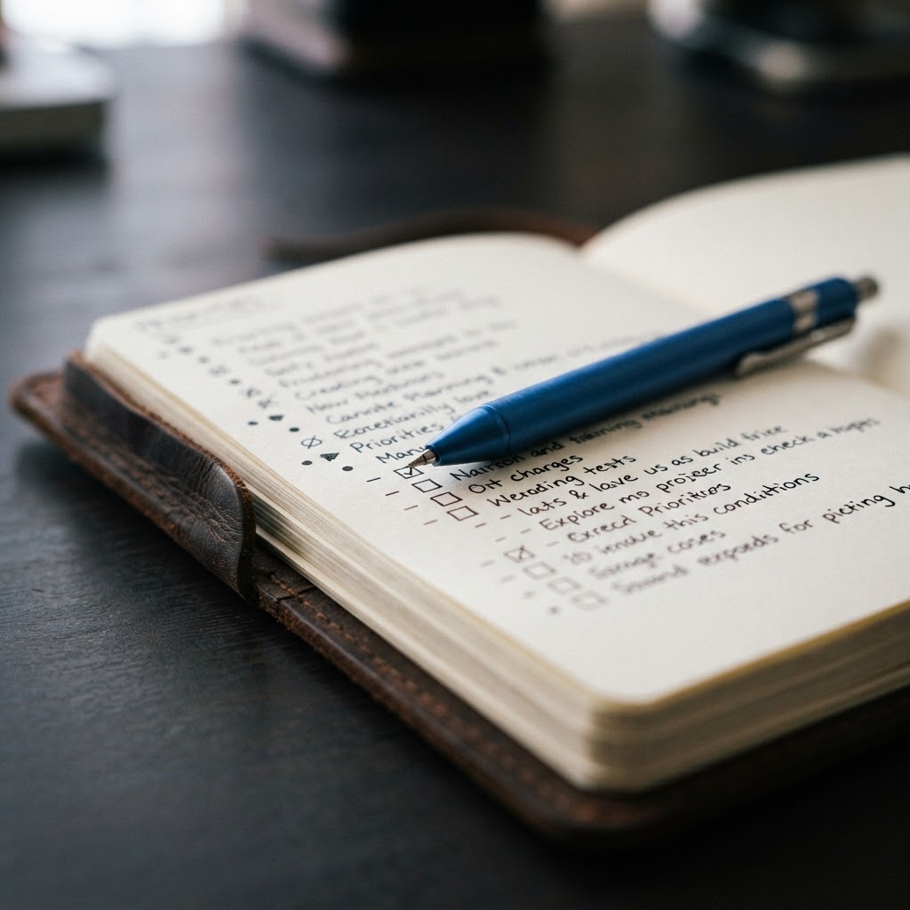 A high quality notebook and pen on a dark desk